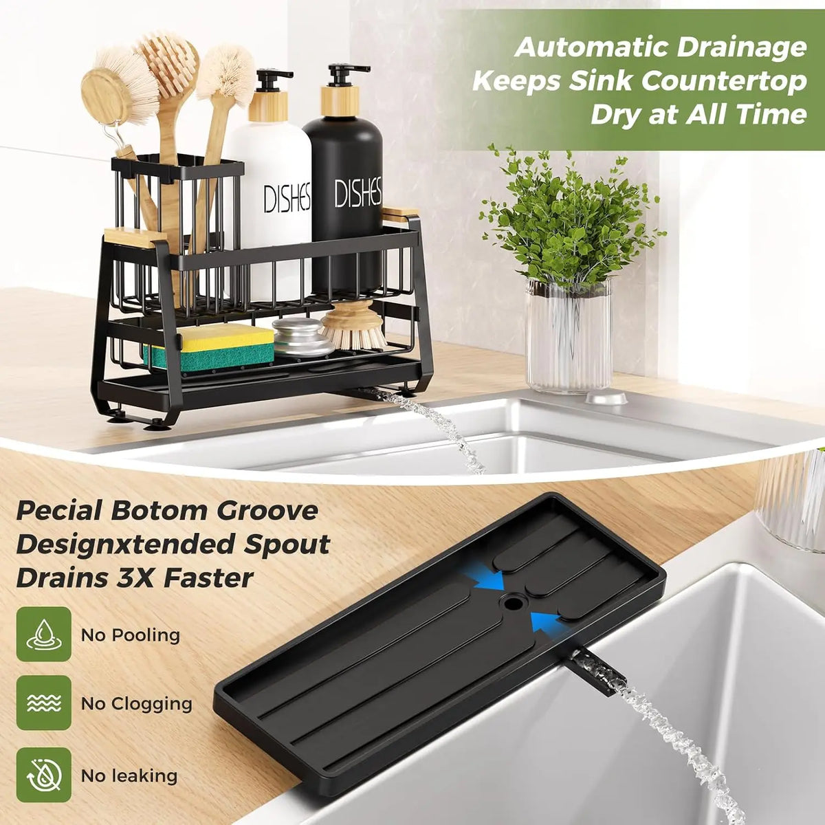 Sponge Holder for Kitchen Sink, Kitchen Sink with Suction Cup, Sink Organizer Rack for Kitchen Accessories, 304 Stainless Steel Dish Holder Self Draining for Sponge, Soap, Dish Brush