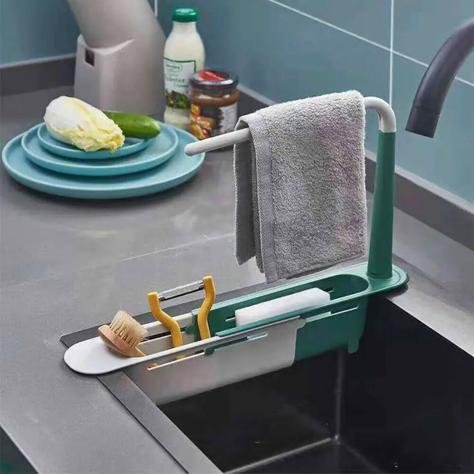 1 PCS Upgraded Telescopic Sink Organizer Rack - 2-in-1 PP Plastic Expandable Storage Tray with Buckle, Detachable Tray, Hollow Basket, Sponge Soap Holder, Cloth Hook, Easy Clean Lever, Fast Expand/Retract, Easy Installation, Tools Stay Sorted (Green)