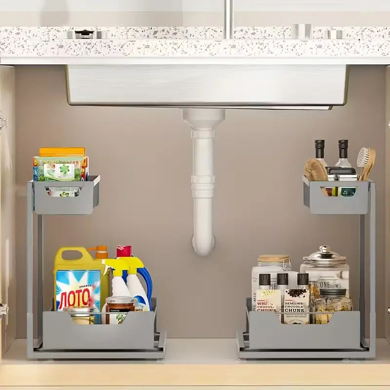 Under Sink Organizer 2 Tier Pull Out CabinetOrganizer Slide Out Sink Shelf & Cabinet Organizerfor Kitchen Bathroom Cabinet Installation OrganizingSystem