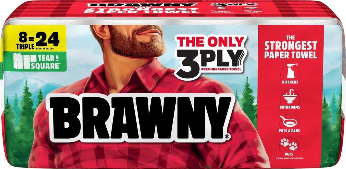 Brawny Tear-A-Square 3-Ply Paper Towels, 12 XL Family Rolls = 30 Regular