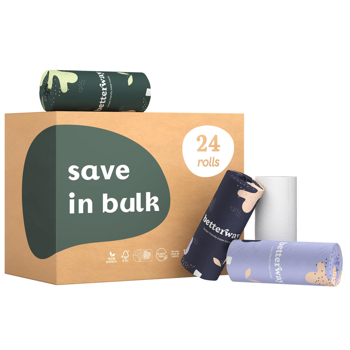 Betterway Bamboo Paper Towels - 6 Rolls, 2 Ply - Plastic Free, Disposable Kitchen Paper Towels - Select Size, Tree Free, Compostable, Strong & Absorbent, No Dyes - PFAS Free