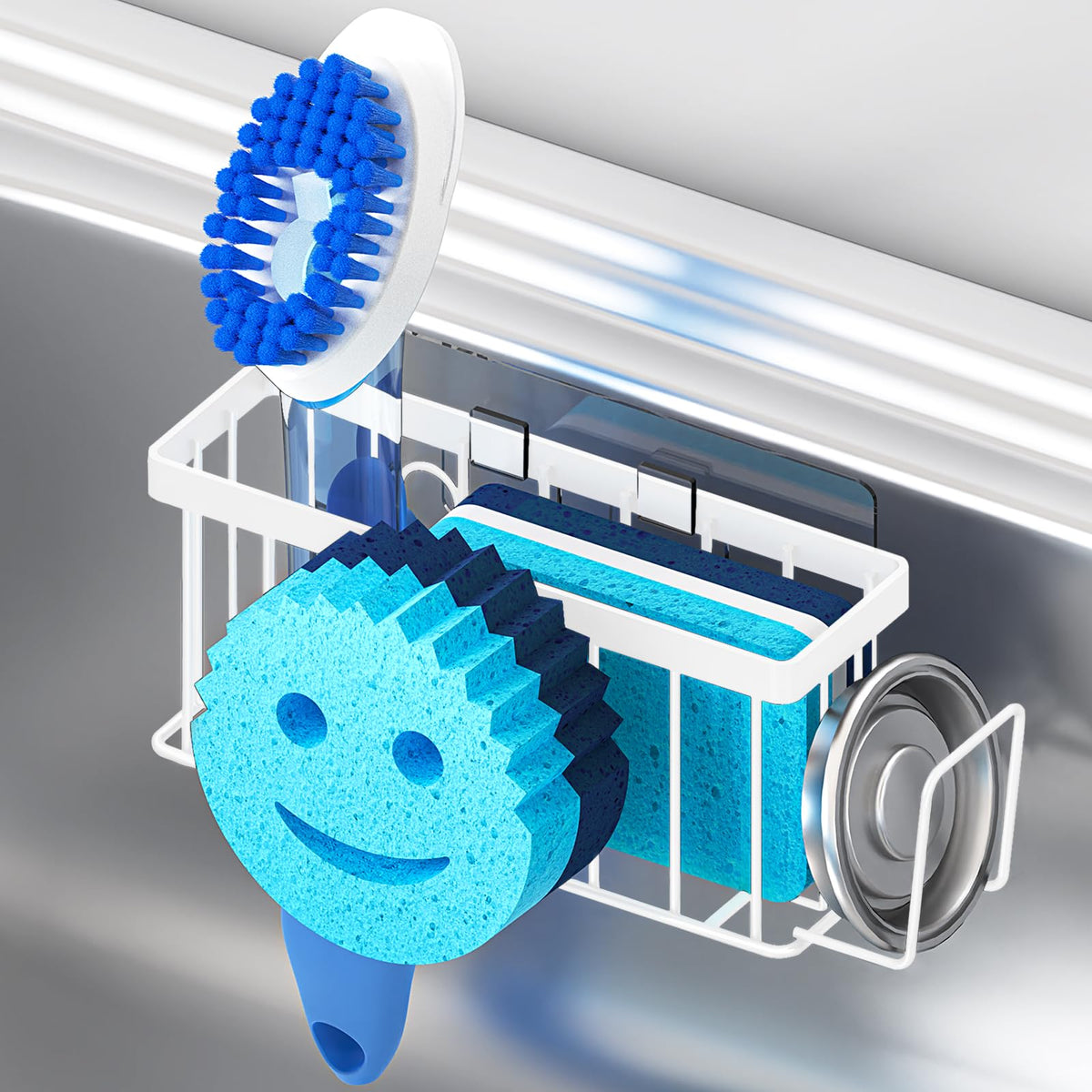 MURLONG Sponge Holder for Kitchen Sink,Sink Caddy Smiley Face,4-in-1 Sponge Holder with Suction Cups & 1 PCS Adhesive Strips for Holding Soap,Brush,Scrubber,Sponge,Stopper-Black