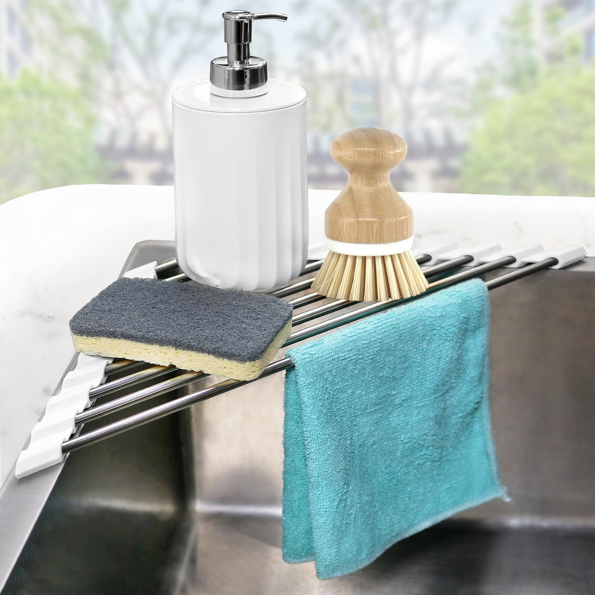 Corner Sink Caddy Triangle Dish Drying Rack for Sink Corner, Sponge Holder Roll Up Dish Drying Rack Over The Sink, Stainless Steel Kitchen Sink Organizer Drainer Mat Sponge Caddy for Counter Storage