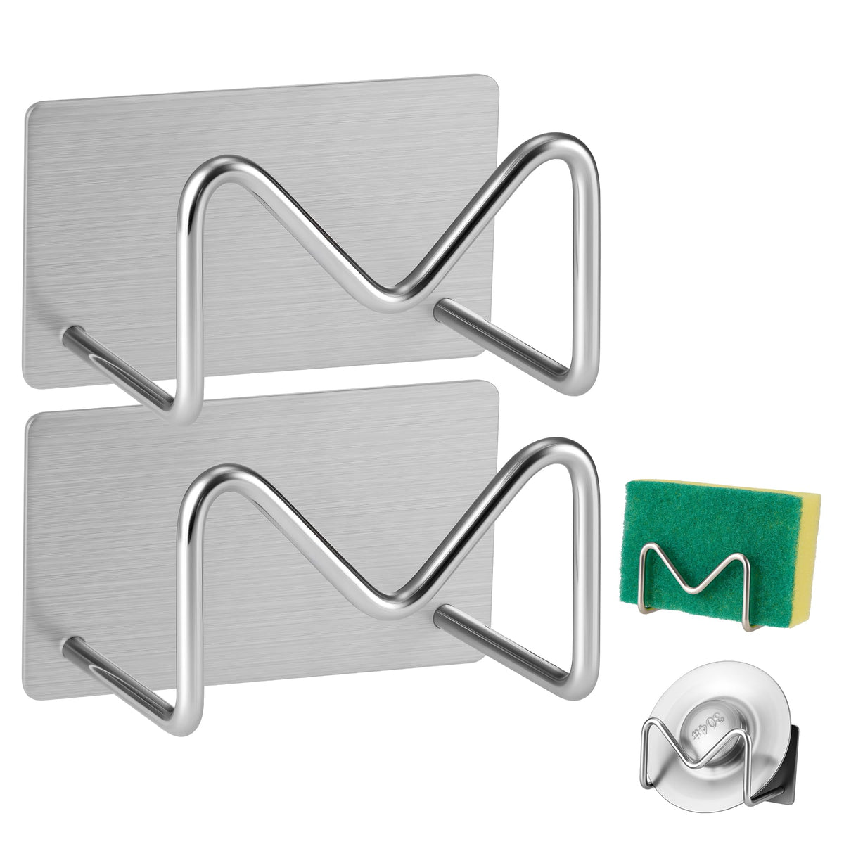 Luckyiren 2-Pack Stainless Steel Sponge Holder for Kitchen Sink - Rustproof Brushed SUS304 Sponge Caddy Organizer, Wall/Surface Mount, Drainage Design, Clutter-Free Storage