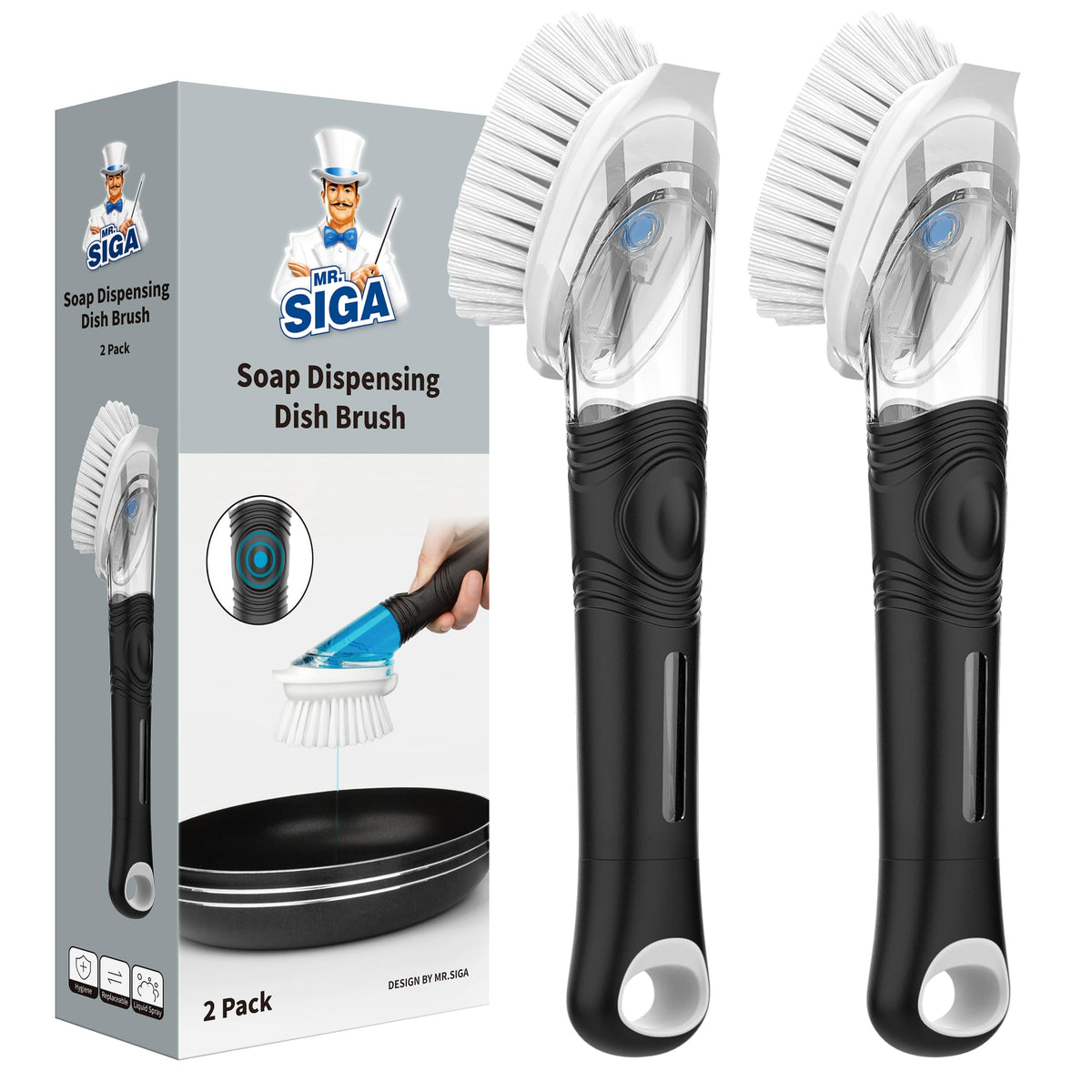 MR.SIGA Soap Dispensing Dish Brush, Kitchen Brush for Pot Pan Sink, 2 Pack
