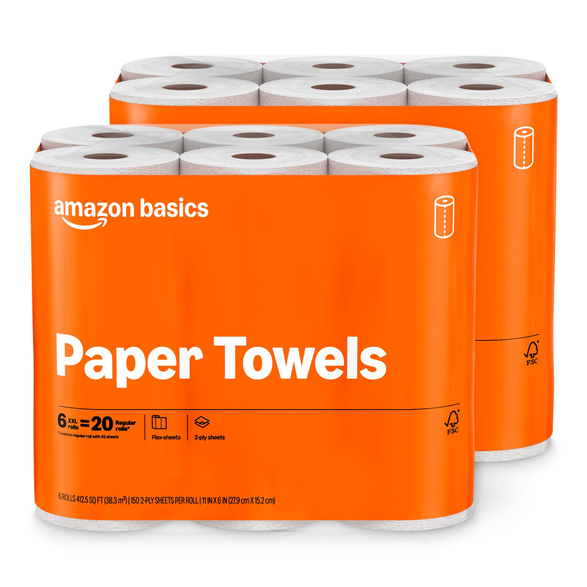 Amazon Basics 2-Ply Flex-Sheets Paper Towels, 2-Pack, 150 Sheets per Roll, 2 Basics Rolls = 6 Regular Rolls, for Everyday Use, Spills and Messes