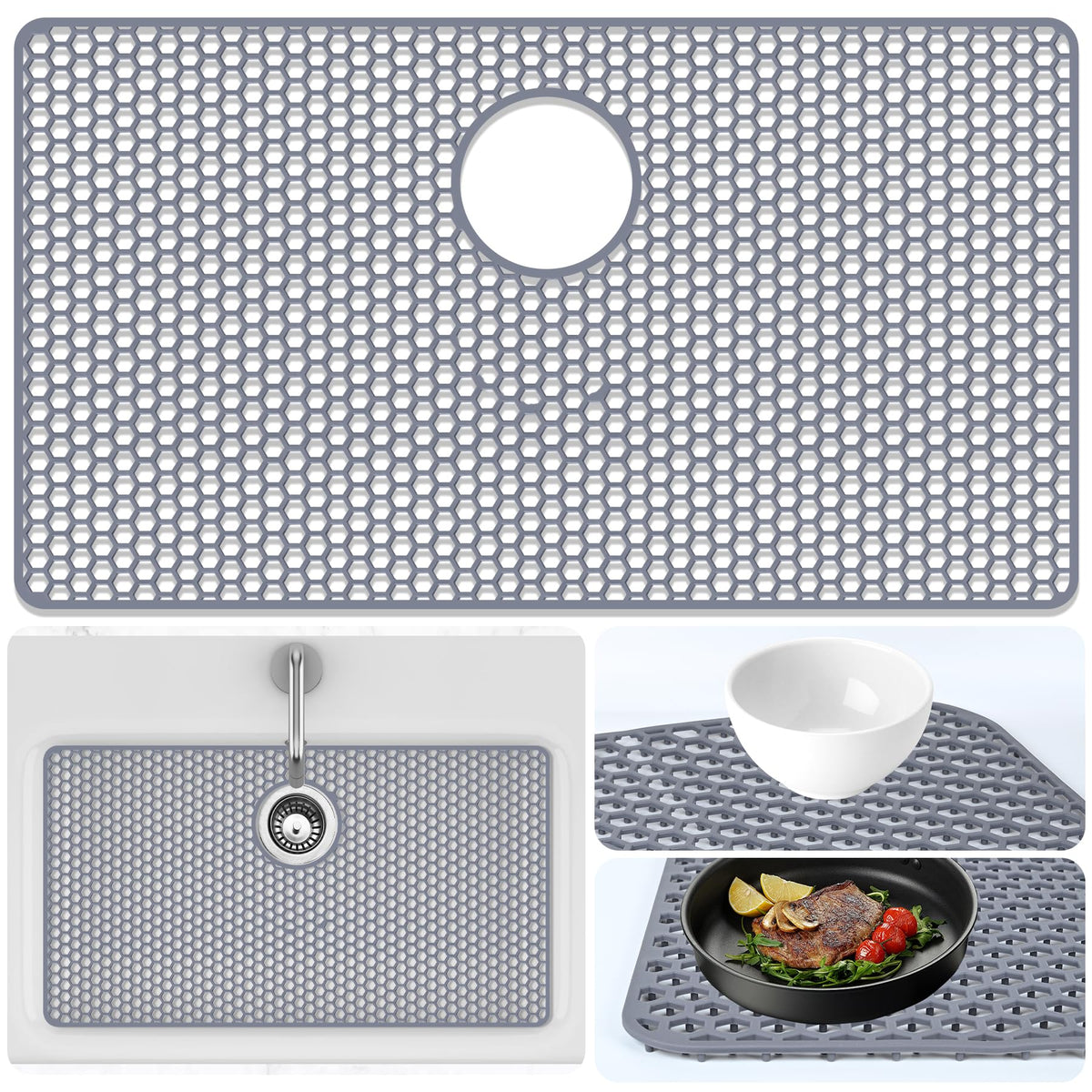 Sink Protectors Mat - 25.79"x13.98" Kitchen Sink Pad for Bottom of Basin for Protection of Stainless Steel and Tableware, Farmhouse Rubber Basin Mat Protector with Center Drain - Light Gray