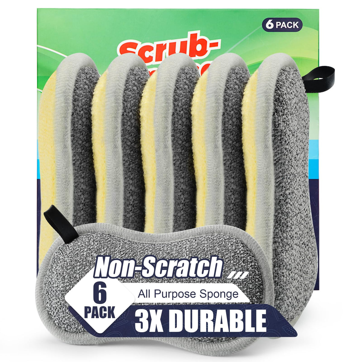 Dual Sided All-Purpose Sponges Kitchen,Dish Sponge for Washing Dishes Cleaning Kitchen,Non Scratch,Rough Scrubbers for Non-Stick Cookware, Soft Microfiber Scrub for Dishes(Bule,6Pack)