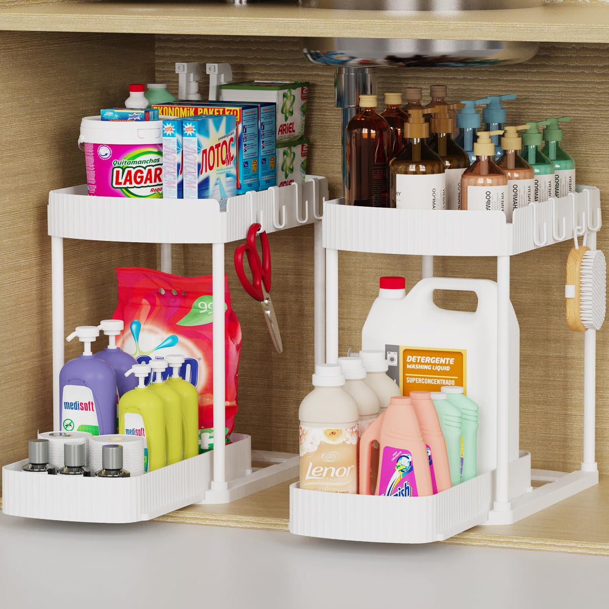2 Packs Under Sink Pull-Out Storage Organizers, 12.8 Inches, Black