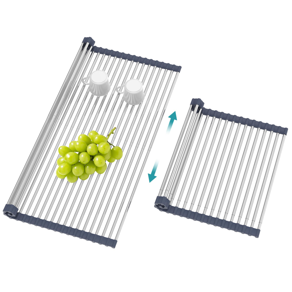 Extra Large Expandable Roll Up Dish Drying Rack,Over The Sink Drying Rack Sink Cover Kitchen Sink Accessories Kitchen Rolling up Stainless Steel Drainer, Foldable,Rollable(Black,22.8''-12.4'')