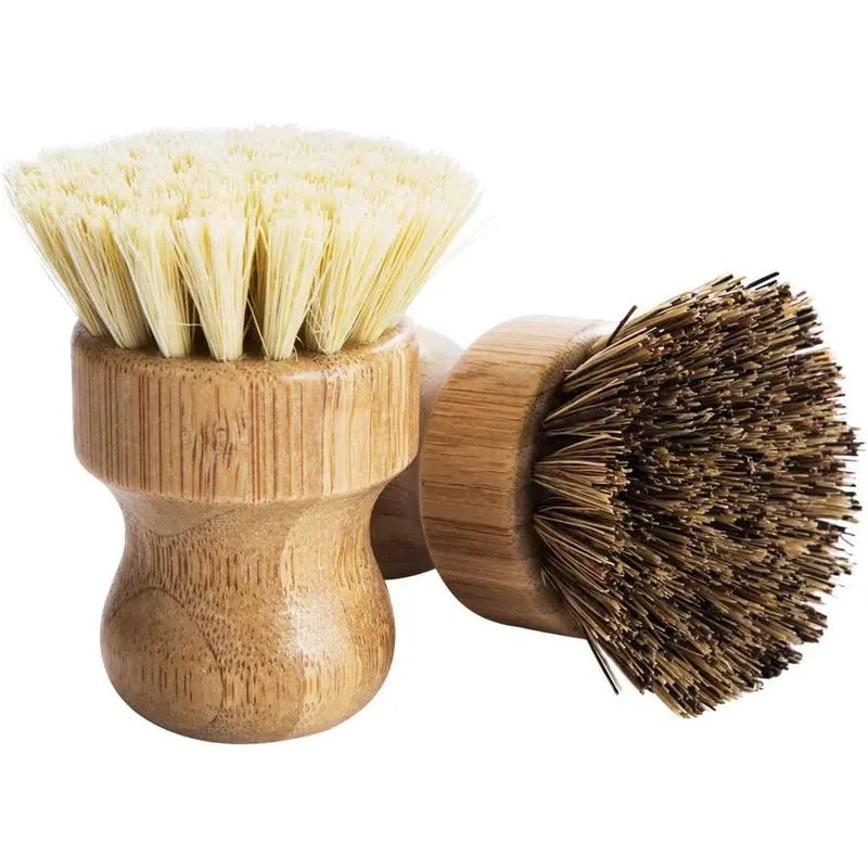 Palm Pot Brush- Bamboo Round 3 Packs Mini Dish Brush Natural Scrub Brush Durable Scrubber Kitchen Cleaning Kit with Union Fiber and Tampico Fiber for Cleaning Pots, Pans and Vegetables