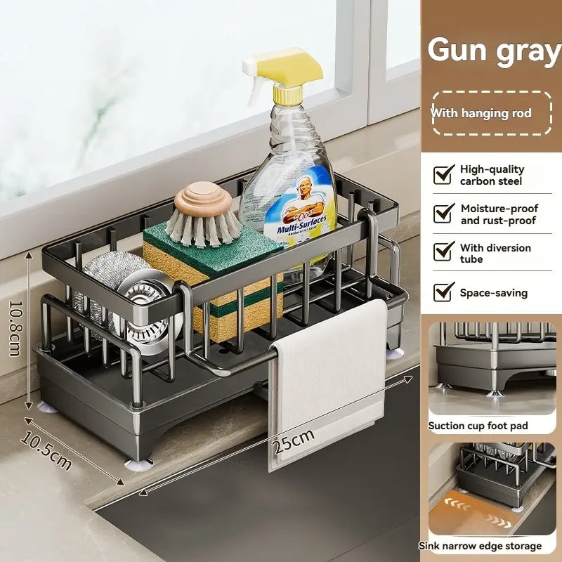 Kitchen Sink Supplies Organizer Essential, Household Dish Cloth Drain Rack Faucet and Sink Caddy, Washing Basin Side Organizer, No Installation Ready to Use, One Rack Stores Cloths, Brushes, Dish Soap and All Cleaning Tools