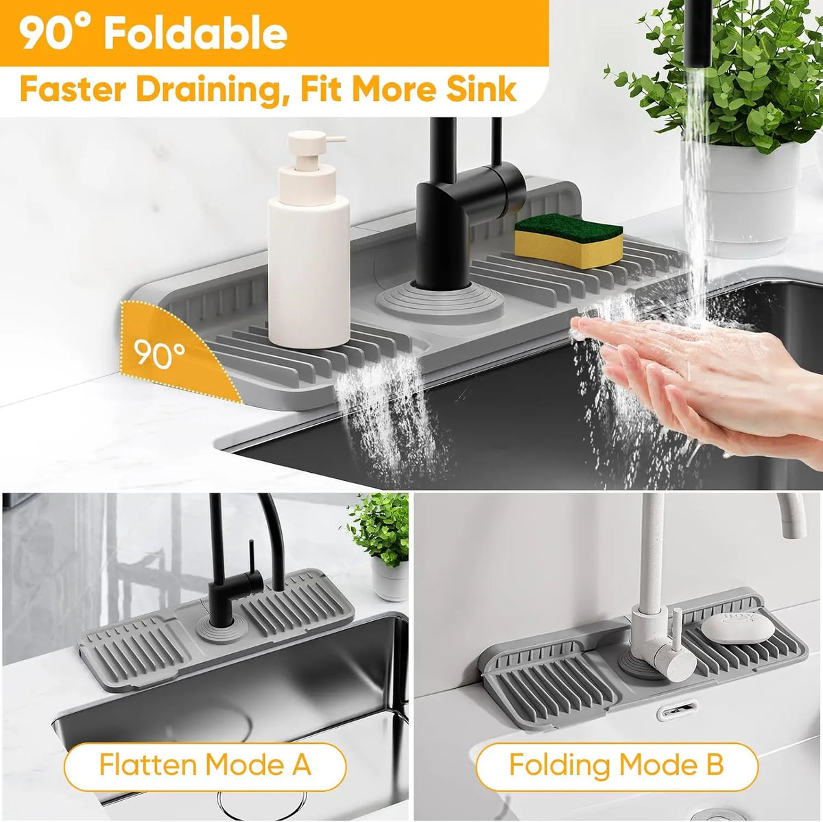 Silicone Sink Faucet Mat - Home Organizer Draining Board with 7° Slope Self-Draining Splash Guard, 90° Foldable Countertop Drip Tray, Cuttable Opening for Most Kitchen Faucets