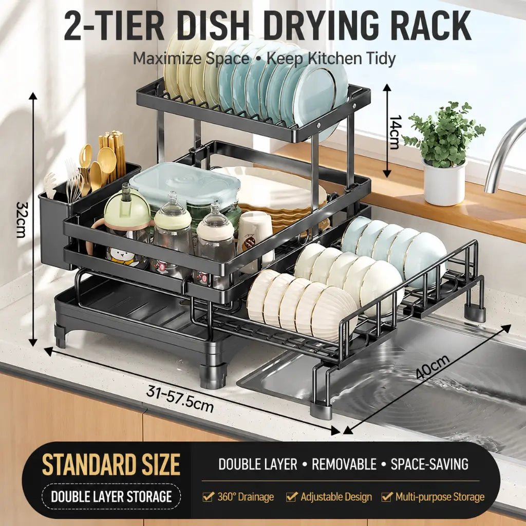 Home Supplies 2-Tier Expandable Over-Sink Dish Drying Rack - Carbon Steel Counter Space-Saver with Collapsible Storage, Drainboard, Reversible Pull-Out Adjustable Racks, 360° Drainage System, 40 cm Size, Easy Installation, Keeps Counters Clean