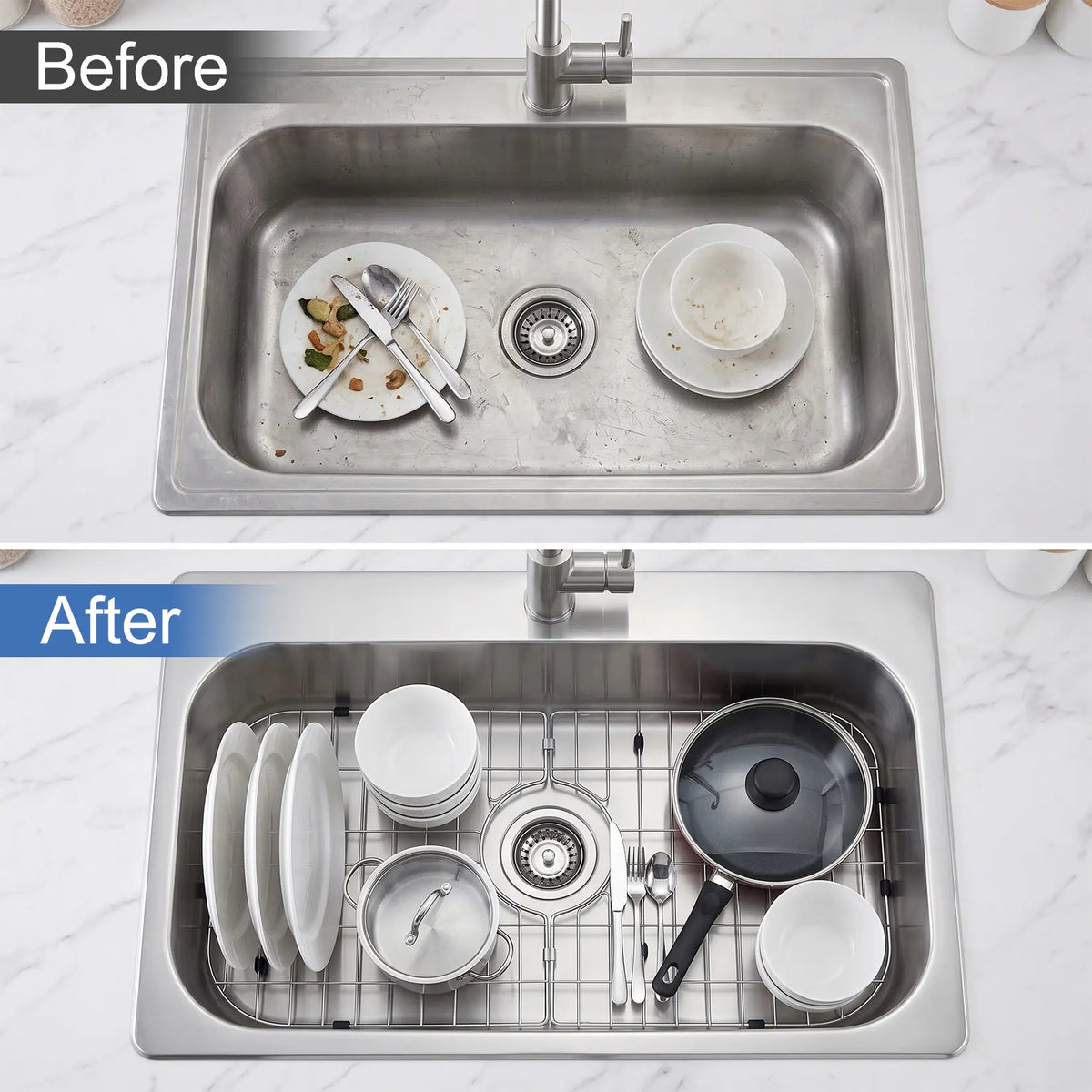 【IdealHouse】 Rectangular Foldable Stainless Steel Sink Rack, 26x14.1in Sink Protector Grid with Center Drain Hole, Soft Rubber Feet, Bumpers, Scratch-Proof Dish Drying Rack for Kitchen Use, Foldable Grid