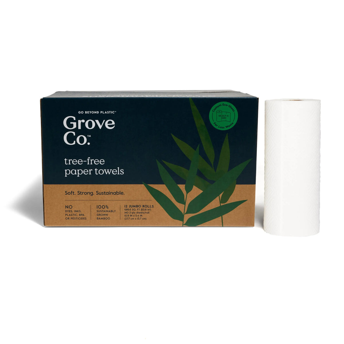 Grove Co. 2-Ply Bamboo Kitchen Paper Towels (5.4" x 11", 140 Sheets/Roll), FSC Certified, Absorbent, Dye-Free, Bleach-Free, Unscented Home Care Supplies for Kitchen Spills & Cleanup