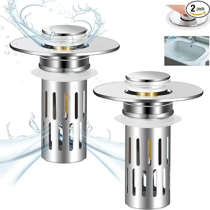 KKC 2/1 pcs Pop-Up Bathroom Sink Drain Strainer, Stainless Steel Hair Catcher Basket with Brass Drain Plug, Universal Fit for US Bathroom Sinks, Bathtubs, Showers & Floor Drains