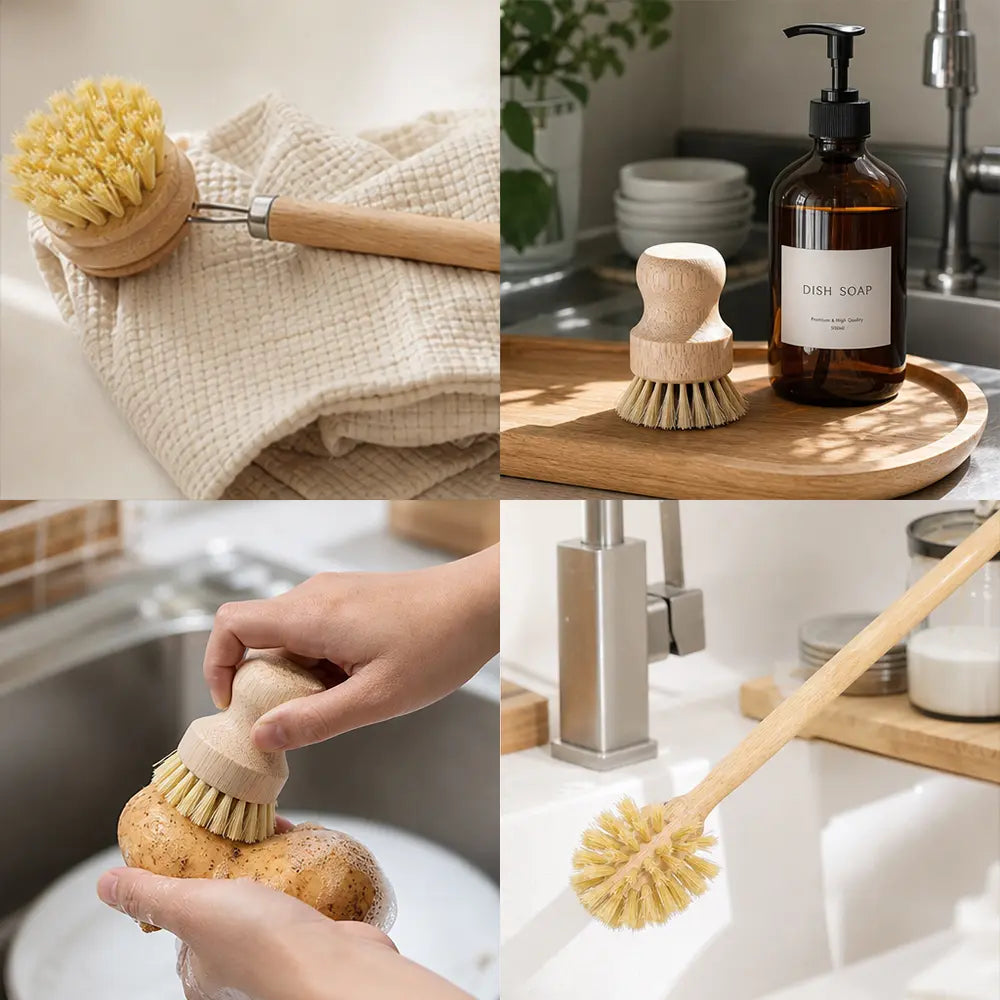 5 Packs Bamboo Dish Brush Set, Wooden Dish Brush with 14’’ Bottle Brush, Natural Kitchen Scrub Brush for Dishes Pots, Pans, Sinks, Woks, Vegetables