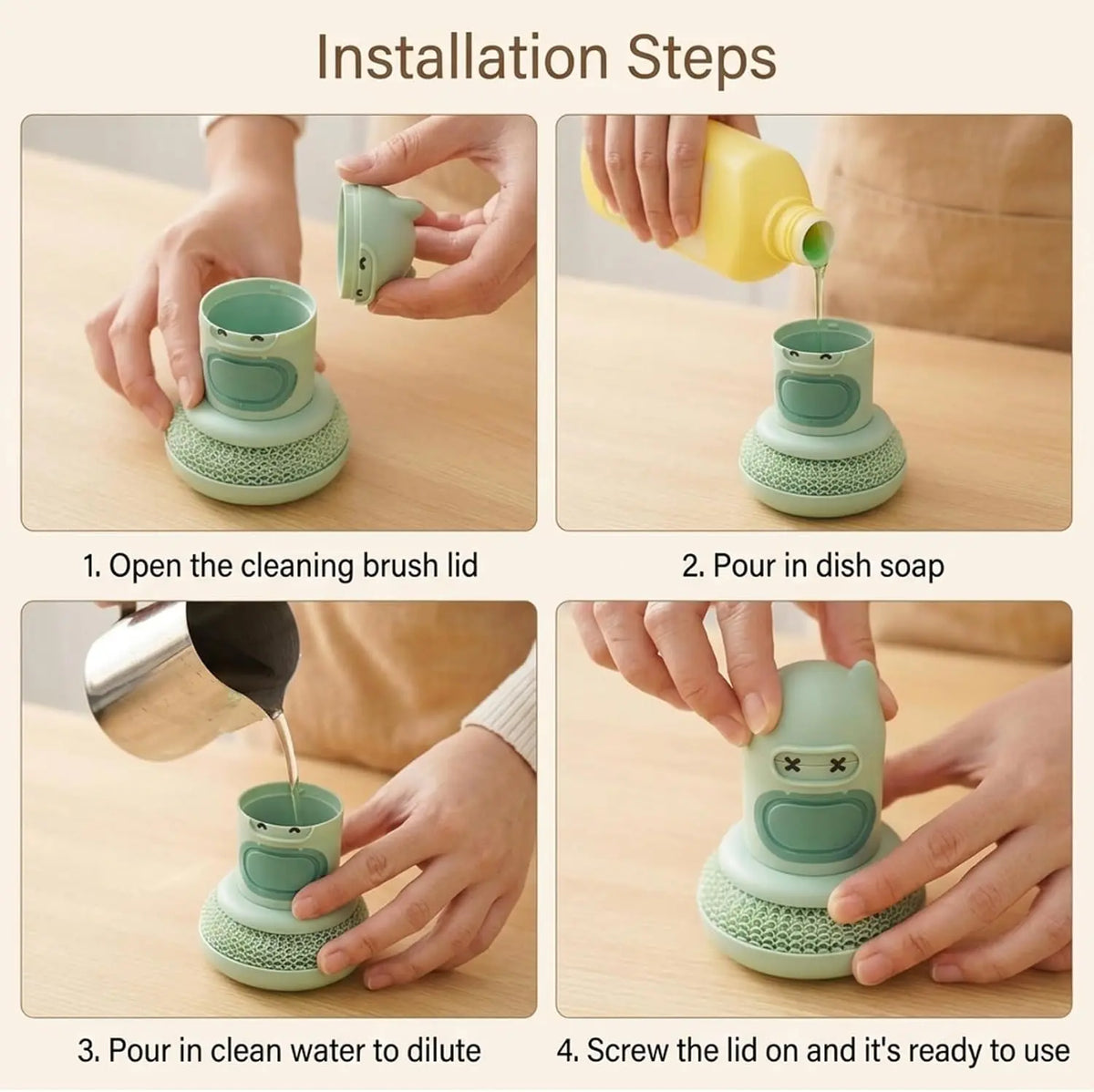Kitchen Brushes, Silicone Dish Scrubber, Soap Dispensing Dish Scrub Brush - Press-to-Release Kitchen Scrub Brush with Nanofiber Scrubber for Pots, Pans and Sinks