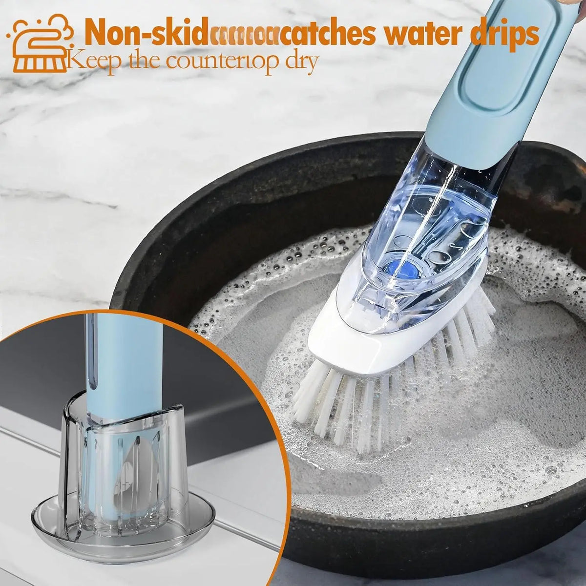 Soap Dispensing Dish Brush Set with 2 Brush Refills and Holder | Dish  with Handle Kitchen Dishwashing Brush Dish Wand for Dishes, Pans, Pots And Sink, Blue