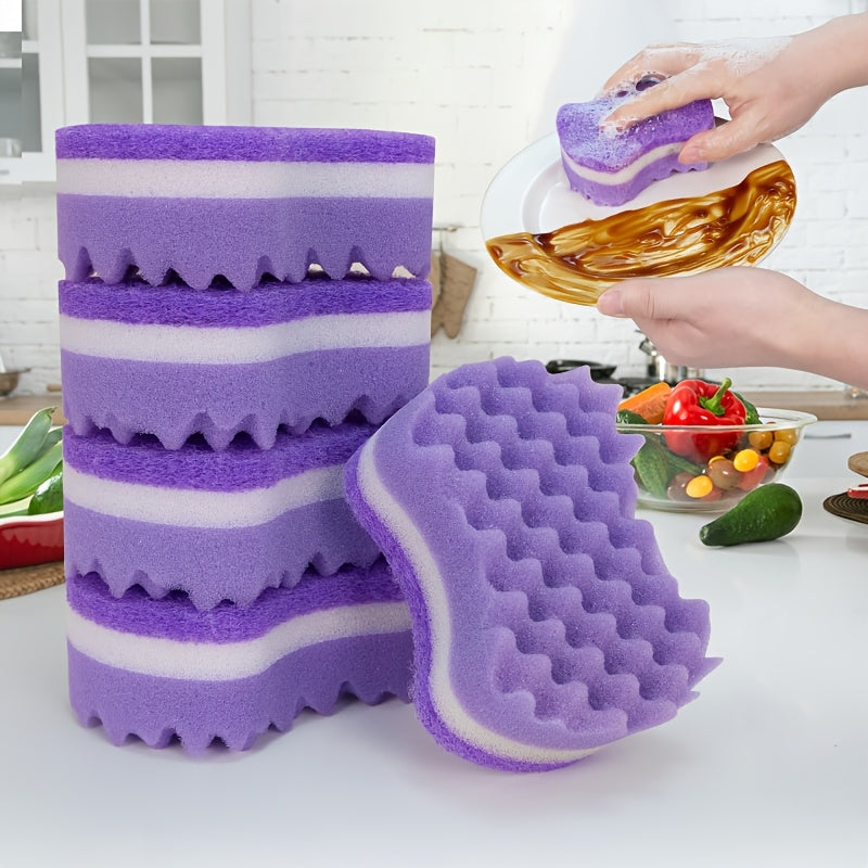 Purple Three-Layer Wavy Sponge Wipe, Soft And Skin-Friendly Thickened Design, Layered Structure, Durable And Not Easy to Deform, Rounded Corners Do Not Hurt Utensils, Absorbent, Quick-Drying And Easy to Clean