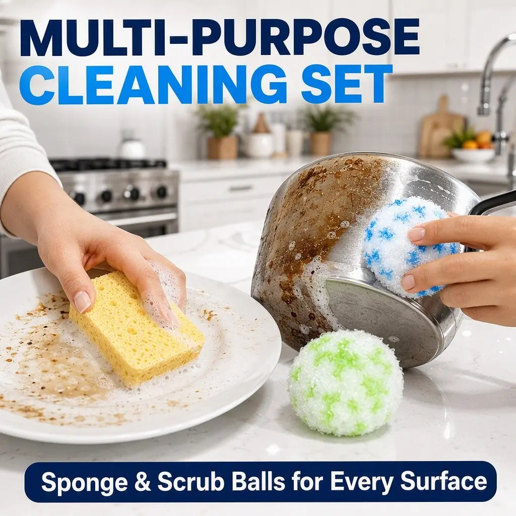 Kitchen Cleaning Tool Set, Long Handle Brush + Sponge + Abrasive Balls + Sink Strainer, Streak-Free Degreasing, Suitable for Pots, Bowls, Countertops