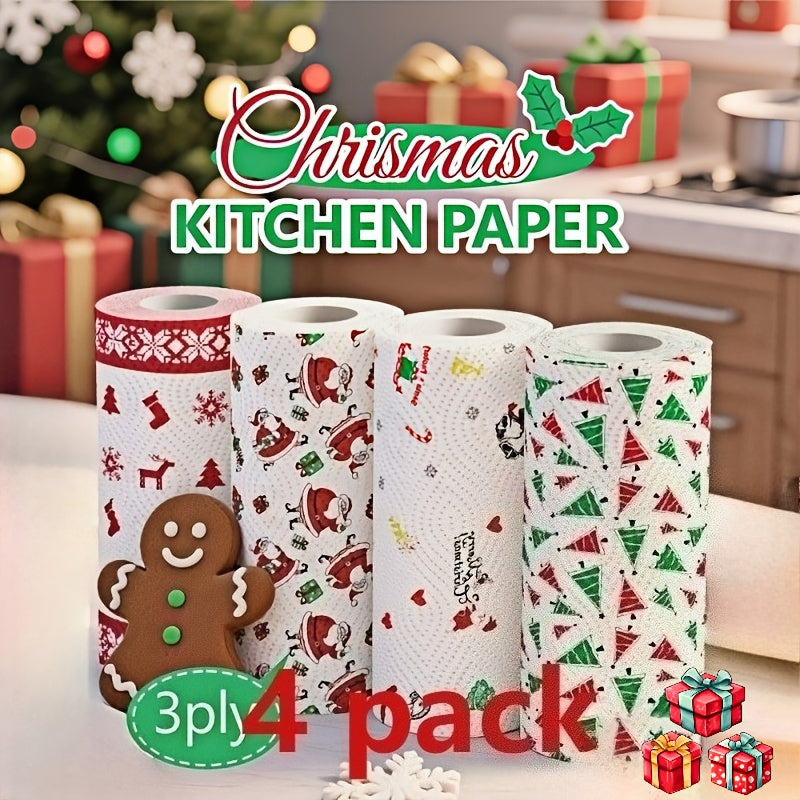 4-Pack Christmas Kitchen Paper Rolls - Thickened 3-Ply Disposable Towels, Wet/ Cleaning for Home/Restaurant, Absorbent & Durable, Holiday Cleaning Supplies (Random Styles)