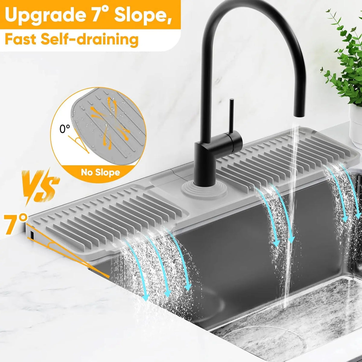 Silicone Sink Faucet Mat - Home Organizer Draining Board with 7° Slope Self-Draining Splash Guard, 90° Foldable Countertop Drip Tray, Cuttable Opening for Most Kitchen Faucets