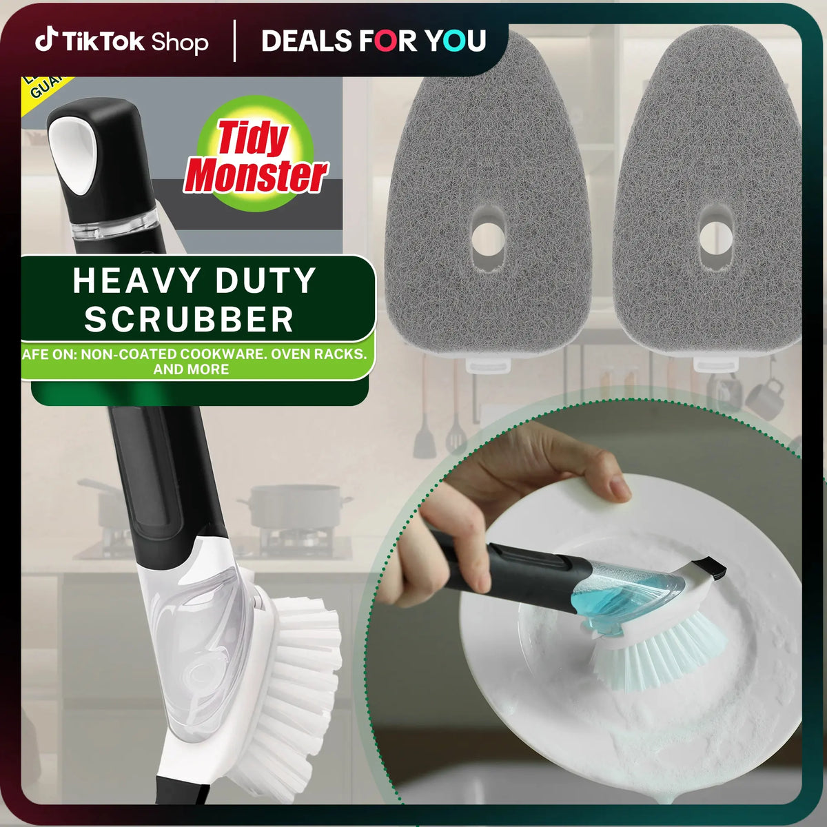 Dish Scrub Brush with Soap Dispenser, Leak-Resistant, Safe for Nonstick Pans, Reusable Kitchen Cleaning Brush