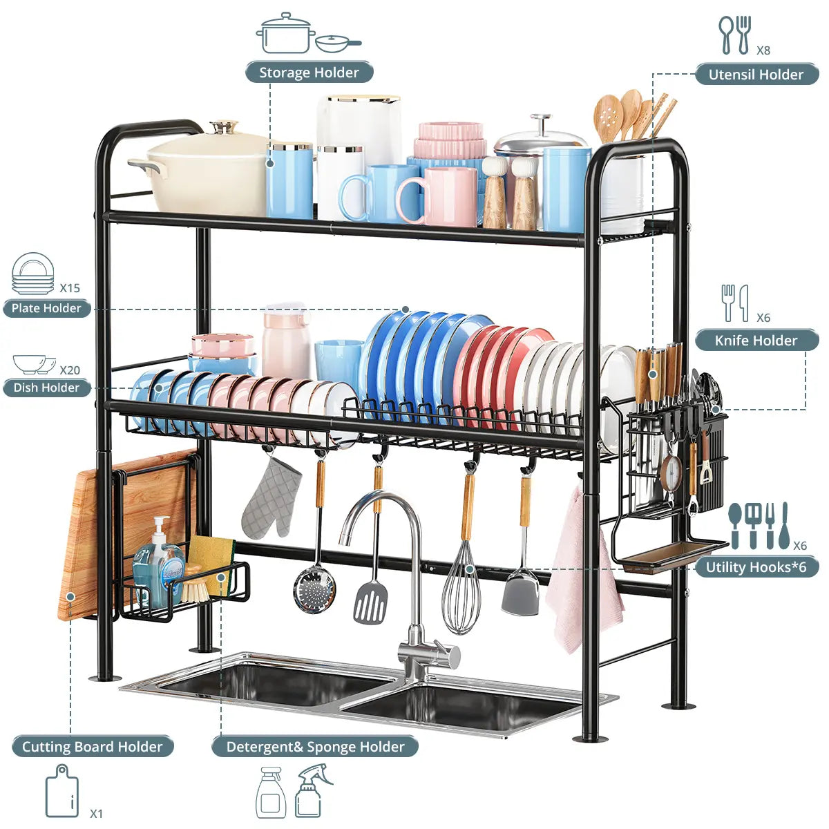 【Holiday Deals】MiAoLi Over Sink Rack Kitchen Over The Sink Dish Drying Rack Organizer Large Space Saving Dish Drainer Countertop Dishes Rack On Counter Caddy Utensil Metal Organizer 1&2 Tiers 1Tier