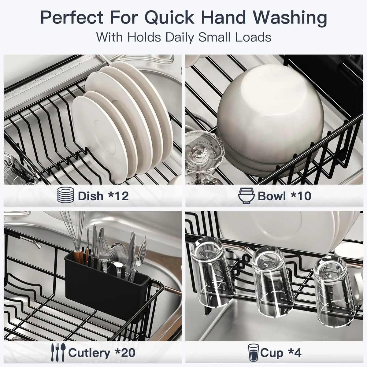 Expandable Stainless Steel Over Sink Dish Drying Rack with Utensil Holder, Rustproof Space-Saving Dish Drainer, Perfect for Small Kitchens, Apartments & RVs