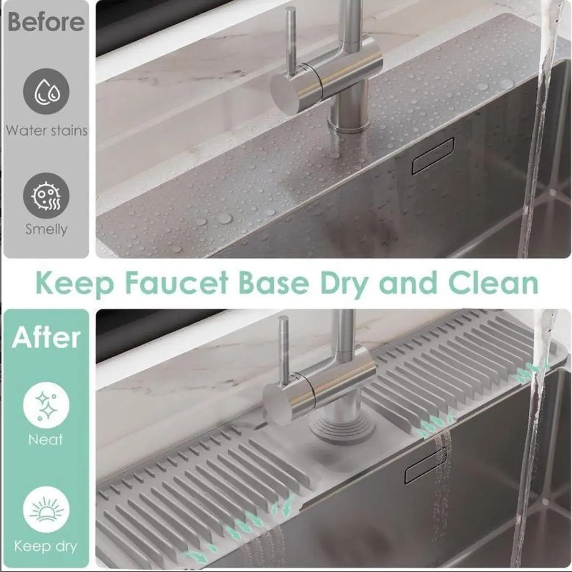 TerraGlow Living 24x5.5" Rectangular Silicone Kitchen Sink Faucet Water Splash Guard, 5° Slope Fast Self-Draining, Leakproof Secure Eco-Friendly, Customizable Hole & Button Design, Food-Grade Durable Easy-to-Clean Home Supply, Dishwasher Safe