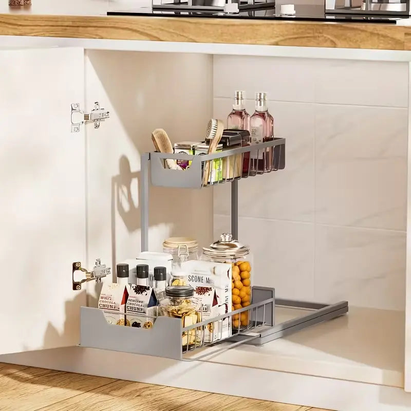 Under Sink Organizer 2 Tier Pull Out CabinetOrganizer Slide Out Sink Shelf & Cabinet Organizerfor Kitchen Bathroom Cabinet Installation OrganizingSystem