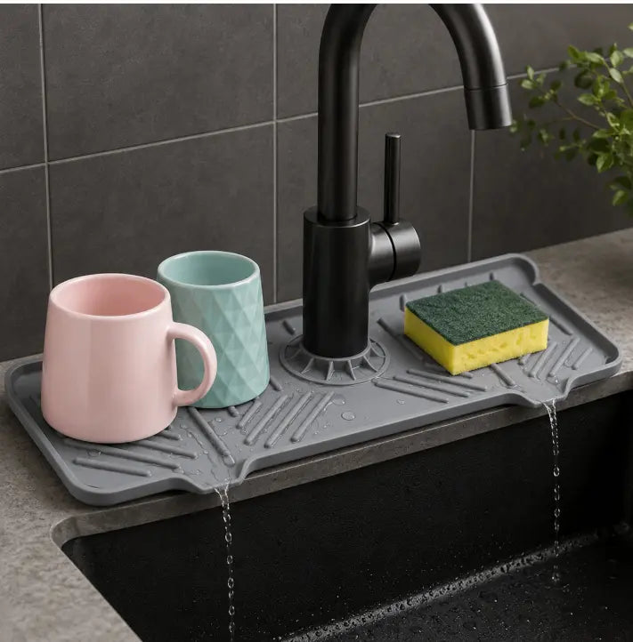 Silicone Faucet Handle Drip Catcher Tray, Sink Splash Guard with Sponge & Dish Soap Holder for Kitchen and Bathroom, Gray