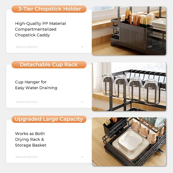 Double-Layer Expandable Dish Drying Rack - Heavy Duty Rustproof Multi-Tiered Sink Rack Draining Boards, Kitchen Organizer with Automatic Water Drainage, Utensil Storage, Fits Countertops/Sinks, Ideal for Small Apartments & Families (House Organizers), Apa