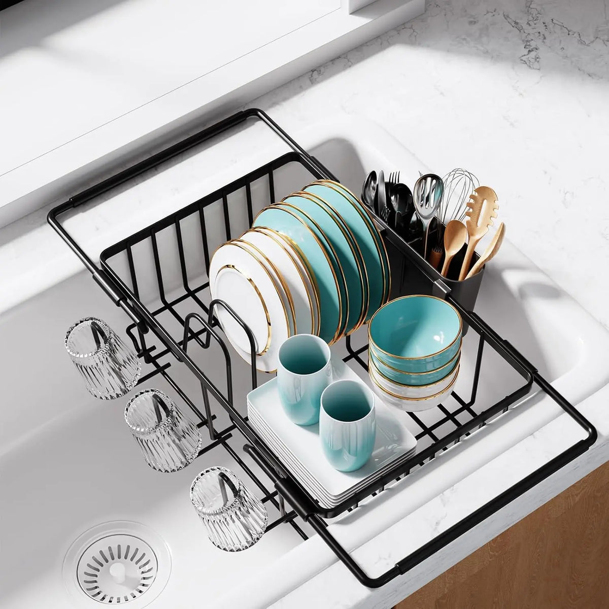 Dish Drying Rack in Sink - Expandable Stainless Steel Dish Rack Over The Sink, Kitchen Sink Drain Strainer with Cutlery Holder & Cup Holders, 15.4 x 11.3 x 6.6 Inch, Black