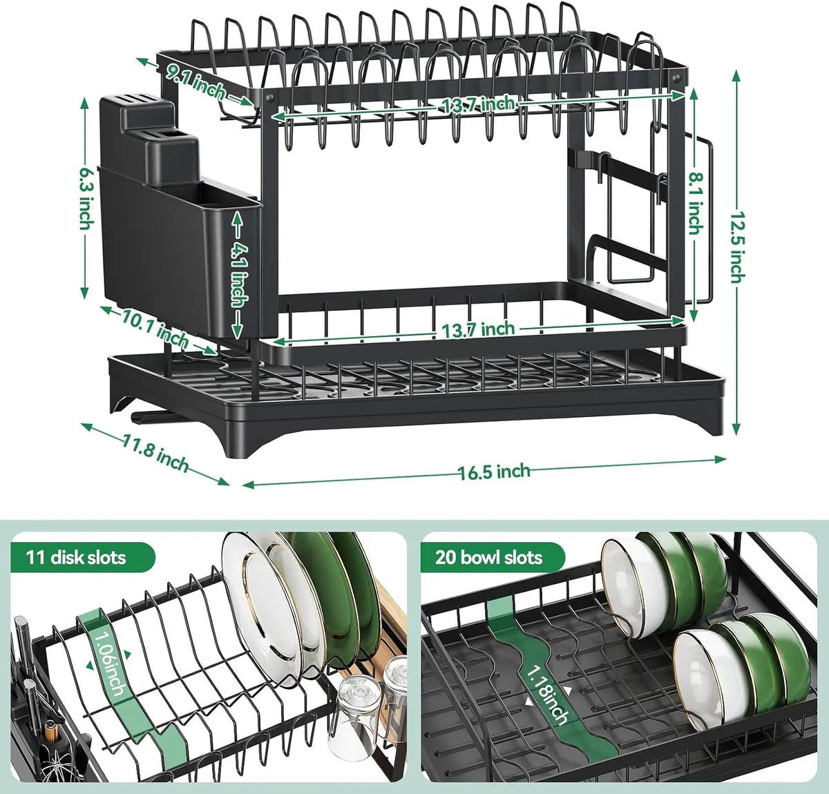 Bepatio 2-Tier Carbon Steel Baking Paint Dish Drying Rack, Home Storage Organization with Rapid Drainage System Sink Tray, Cutlery Holder, Cutting Board Holder, Anti-Slip Kitchen Countertop Organizer for Plates, Bowls, Apartment Accessories