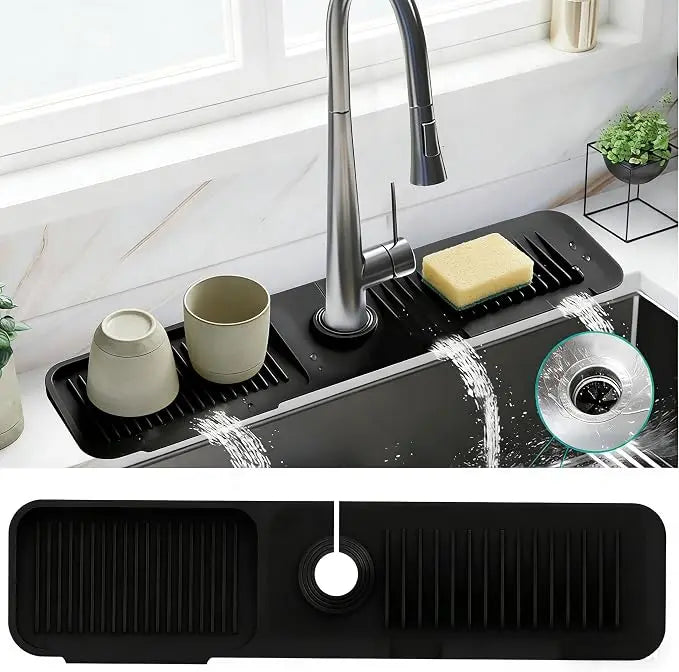 Black Silicone Splash Guard Faucet Mat - 24-Inch Longer Design, 5° Slope for Fast Water Draining, Self-Draining Mat for Kitchen Sink & Bathroom (Home Care Splash Guard Accessory),sohochic