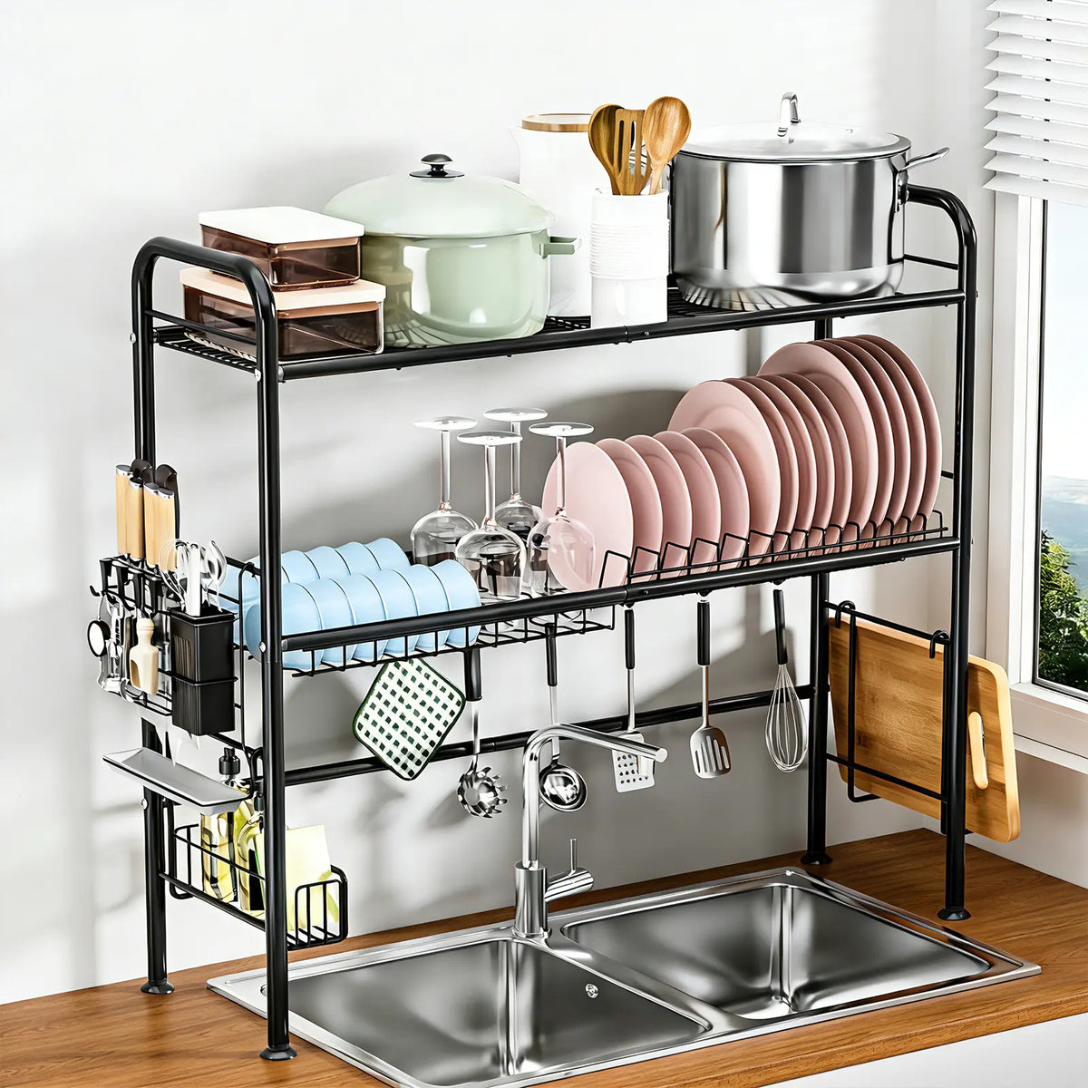 【Holiday Deals】San Dream Over Sink Rack Kitchen Over The Sink Dish Drying Rack Organizer Large Space Saving Dish Drainer Countertop Dishes Rack On Counter Caddy Utensil Metal Organizer 1&2 Tiers