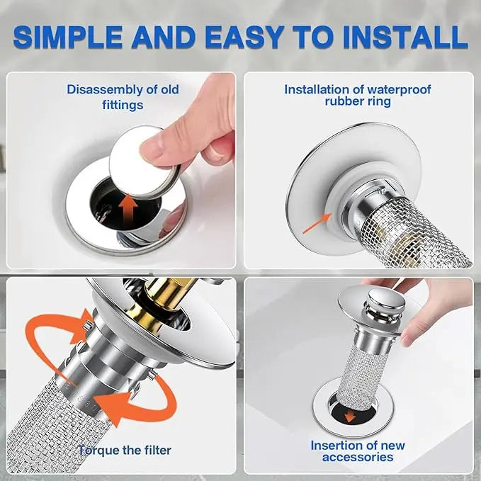 KKC 2/1 pcs Pop-Up Bathroom Sink Drain Strainer, Stainless Steel Hair Catcher Basket with Brass Drain Plug, Universal Fit for US Bathroom Sinks, Bathtubs, Showers & Floor Drains
