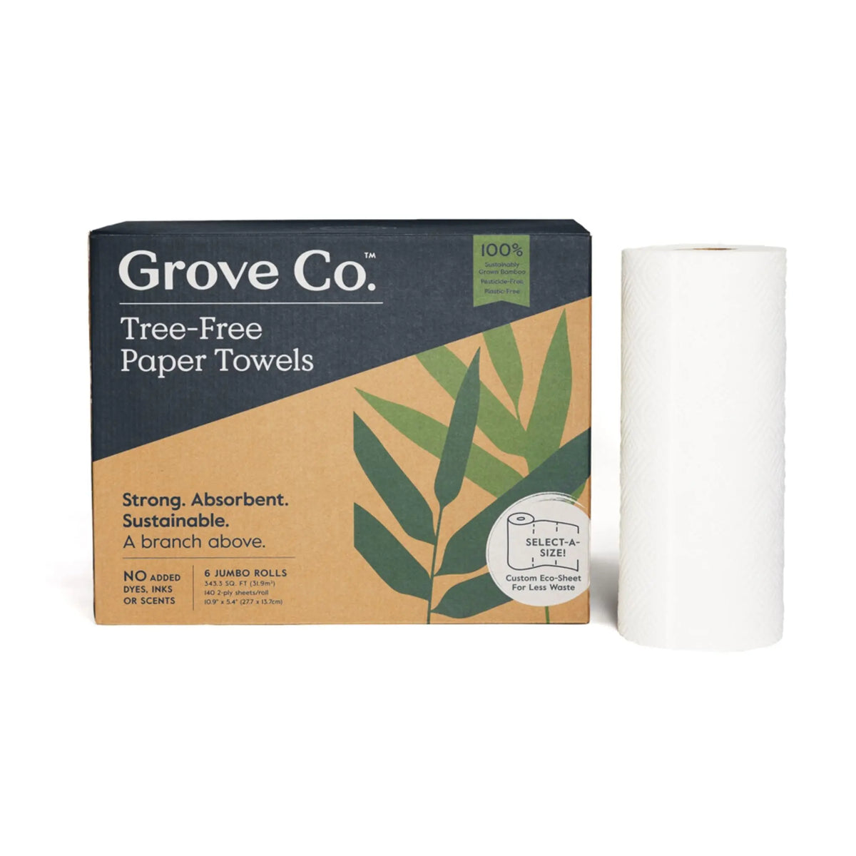 Grove Co. 2-Ply Bamboo Kitchen Paper Towels (5.4" x 11", 140 Sheets/Roll), FSC Certified, Absorbent, Dye-Free, Bleach-Free, Unscented Home Care Supplies for Kitchen Spills & Cleanup