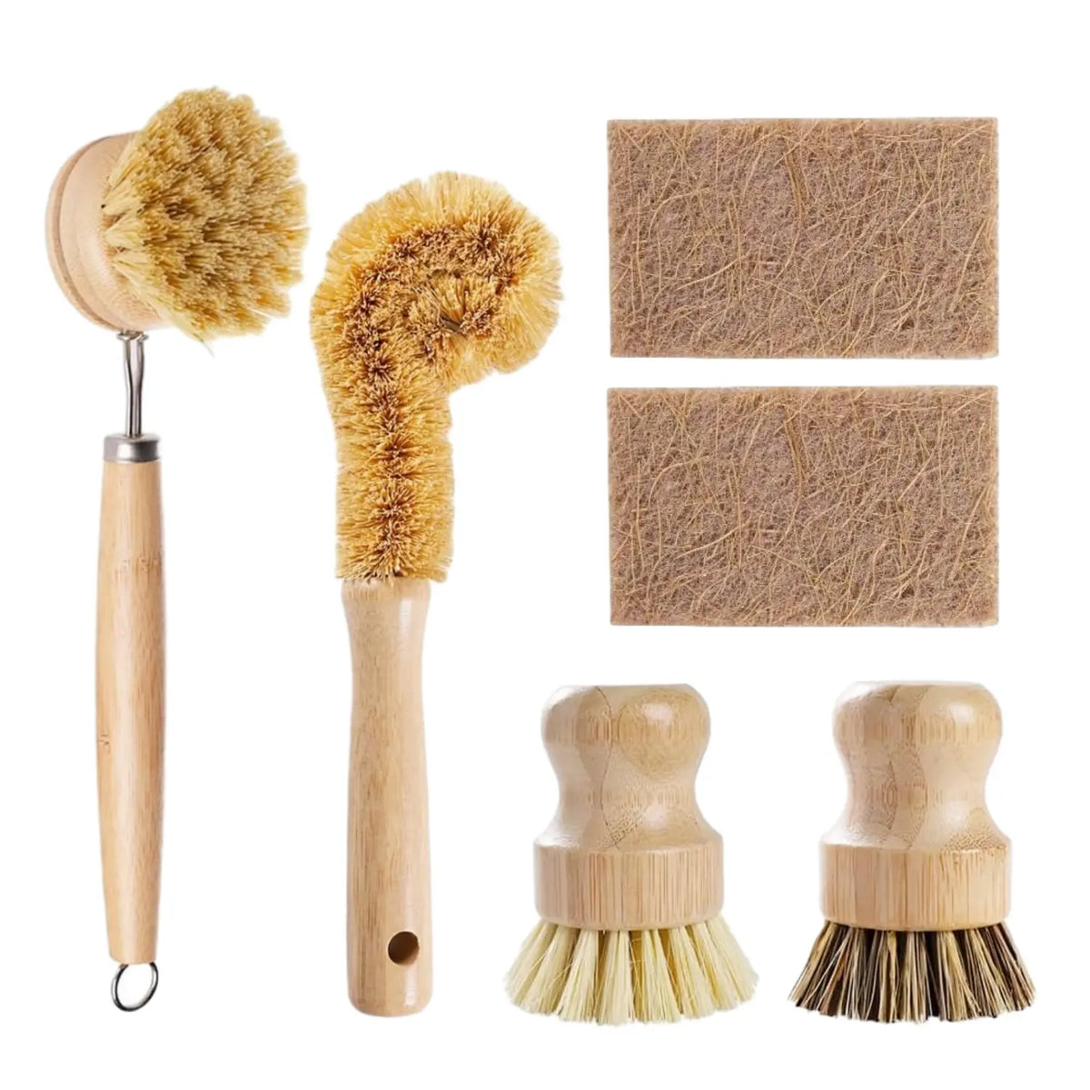 6PCS Bamboo Dish Brush Set with Coconut Sponge - Wooden Dish Brush with Sisal and Palm Fiber, Natural Bamboo Dish Scrub Brush for Kitchen Cleaning Dishes, Pots, Pans, Bottles, Vegetables