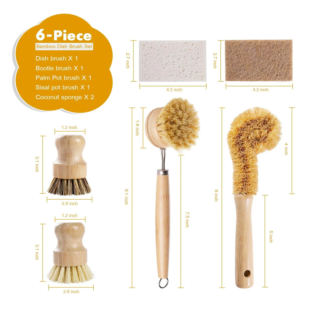 6-Piece Bamboo Kitchen Cleaner Set with Coconut Sponge - Comfortable Long Handles, Natural Wooden Brushes with Sisal-Palm Bristles, Short-Handle Multifunctional Biodegradable Plastic-Free Non-Scratch Kitchen Accessories for Dishes, Pots, Seniors, Bottle‑D