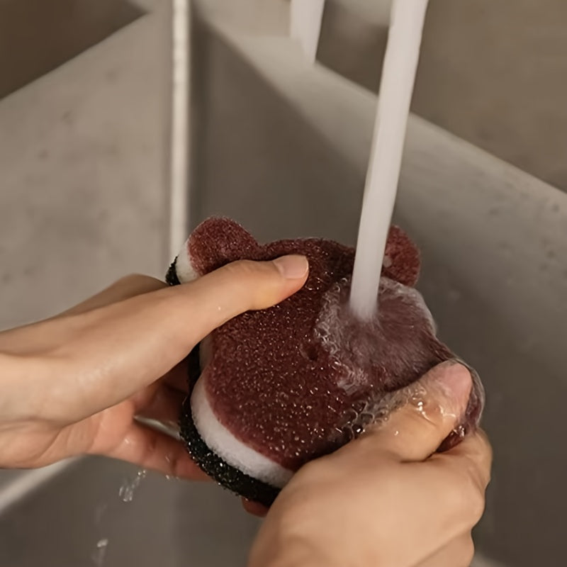2/4pcs Cute Bear Dishwashing Sponges, Thickened Pot Scrubbers, Stain-Removing Kitchen Scouring Pads, Dishwashing and Pot Cleaning Magic Tools