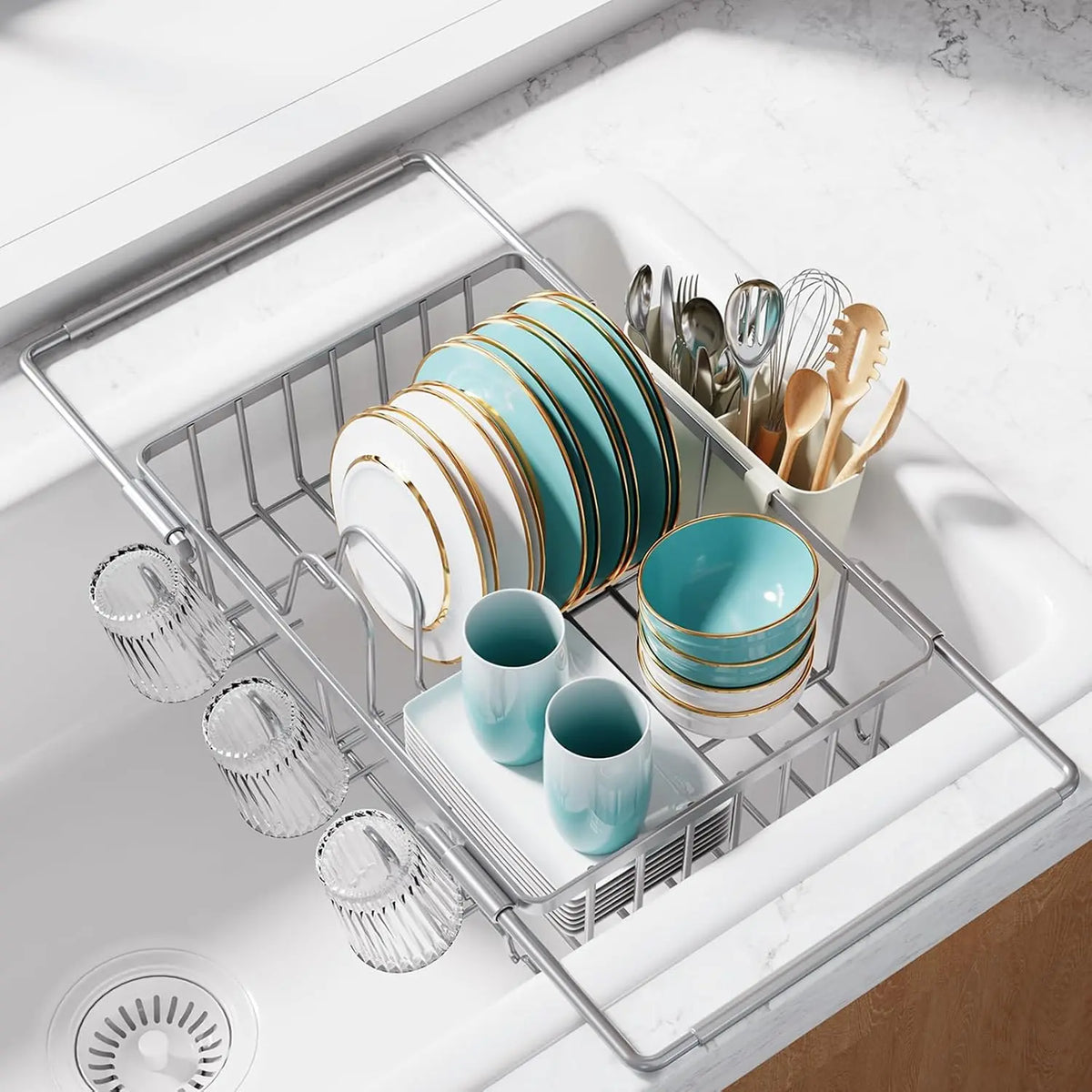 Dish Drying Rack in Sink - Expandable Stainless Steel Dish Rack Over The Sink, Kitchen Sink Drain Strainer with Cutlery Holder & Cup Holders, 15.4 x 11.3 x 6.6 Inch, Black