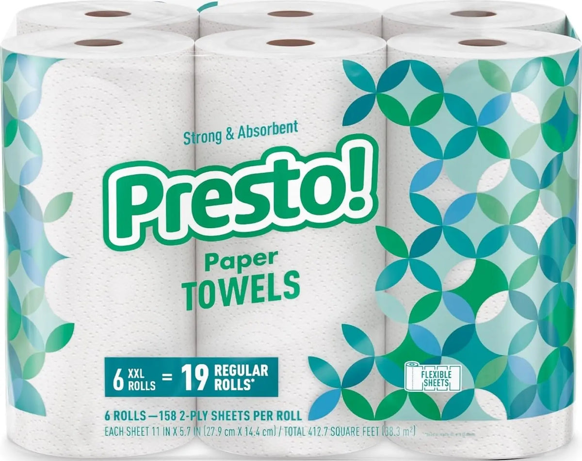 Amazon Brand - Presto! Ultra-Strong Premium Paper Towels, 158 Sheet Huge roll - Flex-a-Size, 6 Rolls, Equivalent to 19 Regular Rolls, White