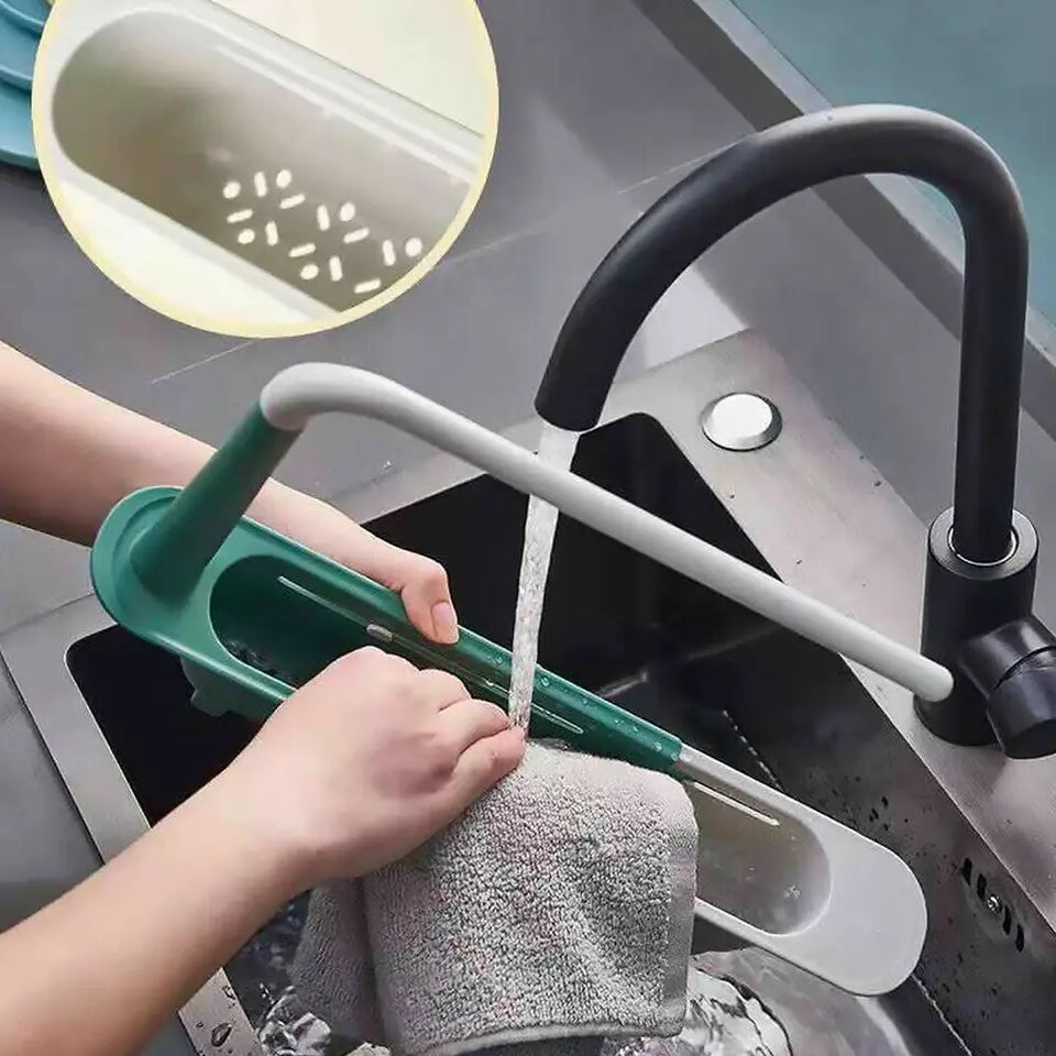 1 PCS Upgraded Telescopic Sink Organizer Rack - 2-in-1 PP Plastic Expandable Storage Tray with Buckle, Detachable Tray, Hollow Basket, Sponge Soap Holder, Cloth Hook, Easy Clean Lever, Fast Expand/Retract, Easy Installation, Tools Stay Sorted (Green)
