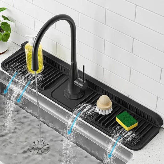 24 Inch Extra Long Silicone Faucet Mat for Kitchen Sink, 7° Slope Self-Draining Splash Guard, Water Catcher Draining Pad for Counter Protection, Keep Kitchen Sink Area Clean and Dry summerwins, Rectangle, Adaptive Adjustable Center Hole