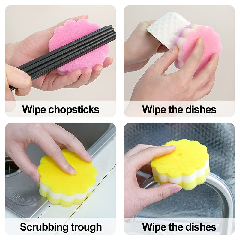 6/12/20pcs Colorful Three-Layer Sunflower Cleaning Sponges, Dish Cloths, Thick Scouring Pads, Cleaning Brushes, Cleaning Tools, Super Absorbent Dish And Pot Brushes, Easy to Clean, Oil-Resistant, Quick Stain Removal, Cleaning Magic Tool Random Color
