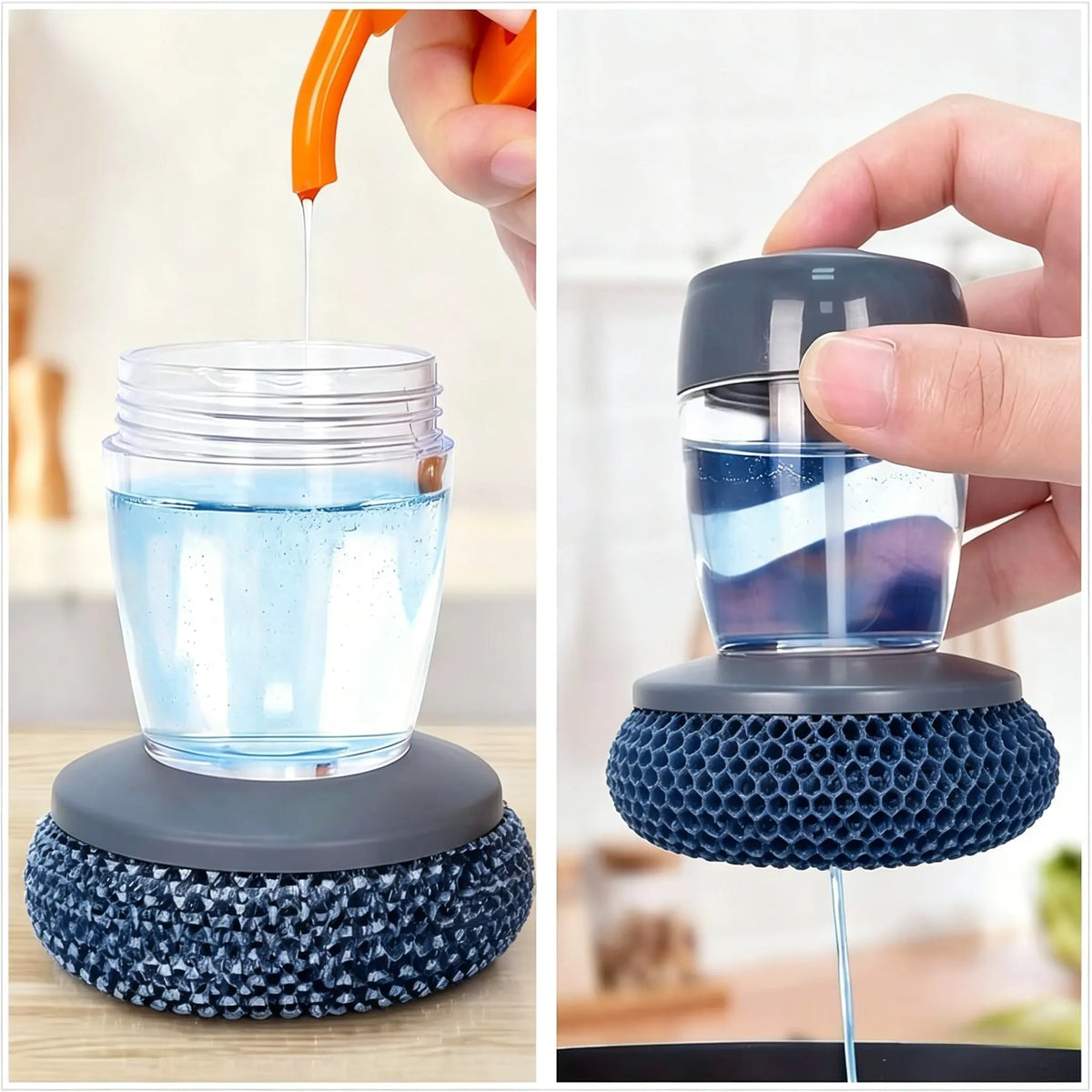 Automatic Liquid-Adding Kitchen Pot Brush with Comfortable Handle, Deep Grease Lift, Removable Head, Easy Clean Scrubber for Frying Pans, Plates, Gentle-on-Hands Manicure-Friendly Home Care Tool